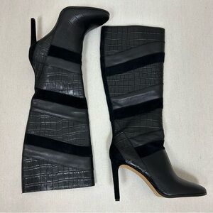 NWOT Vince Camuto Saraalan Black Leather Snake Print  Knee-High Boots
